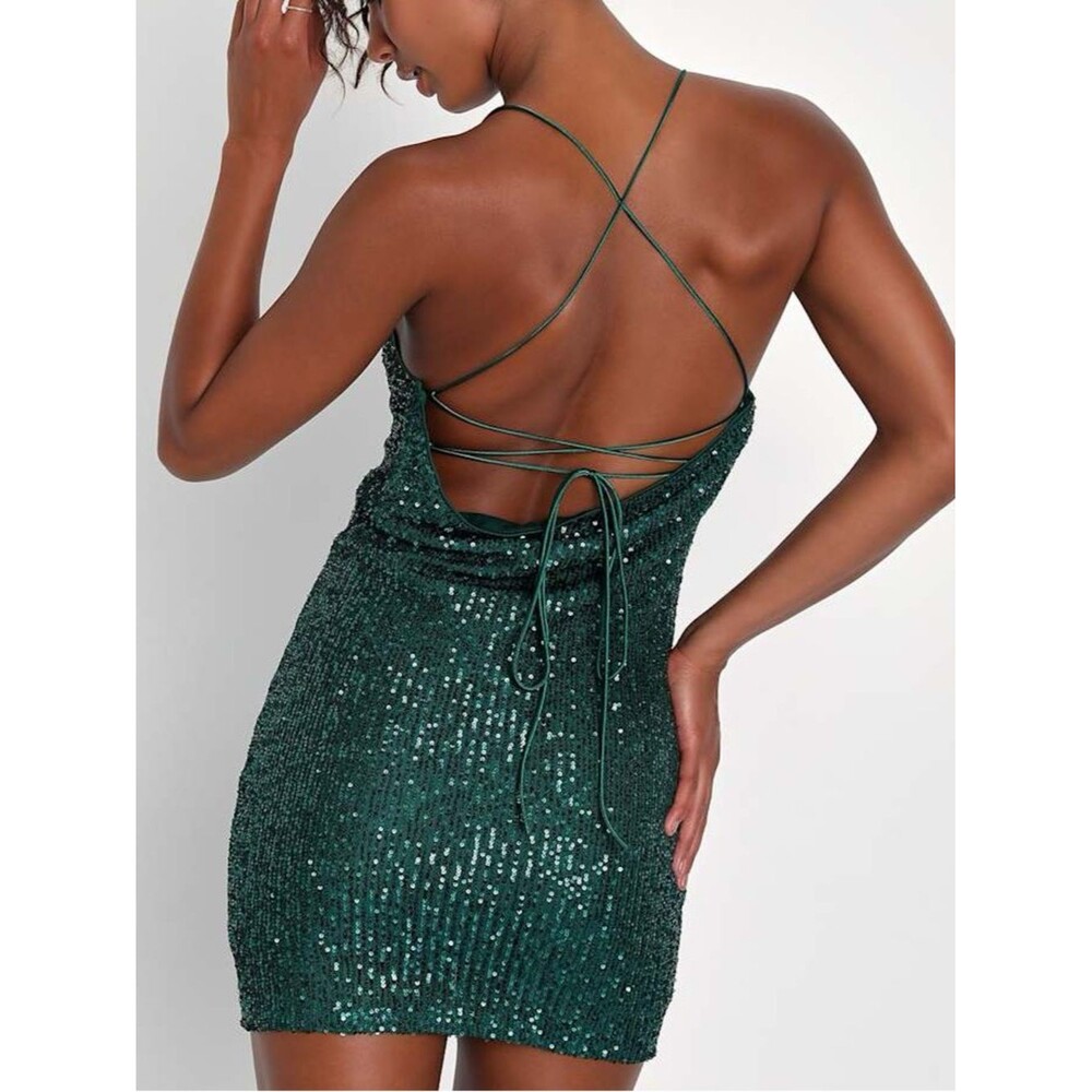 NEW Lulu’s Green Sequins Strappy Open Back Bodycon Mini Dress Womens Size Medium